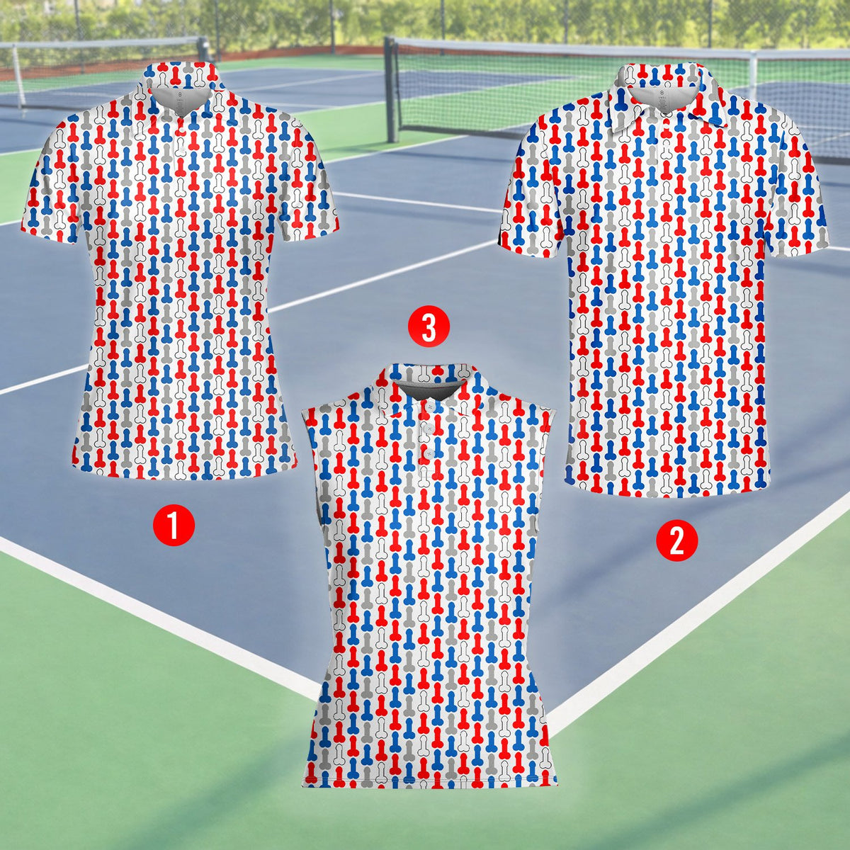 Detail view of the adult humor polo shirt pattern