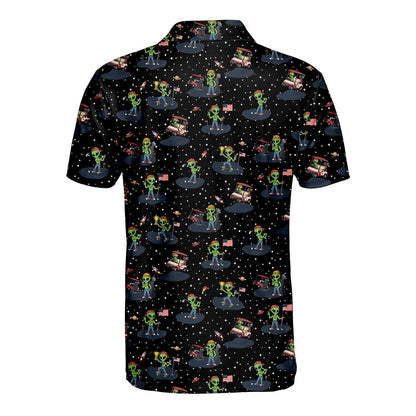 Back view of the alien golf polo shirt showing the repeating extraterrestrial pattern