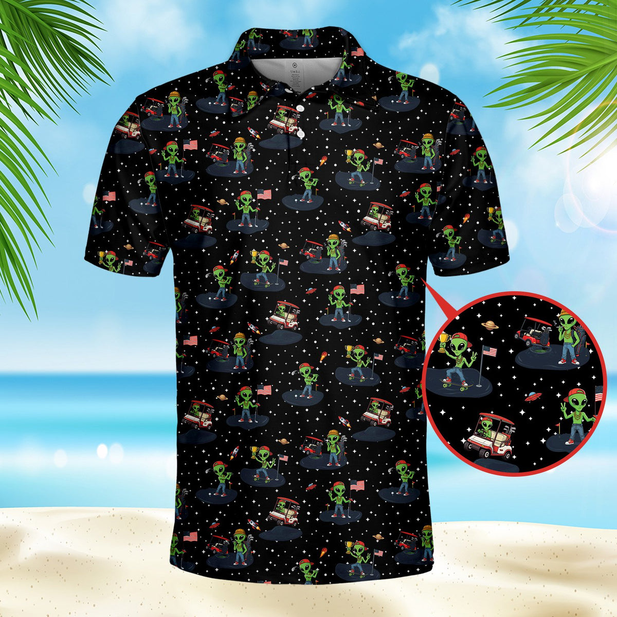 Detailed front angle of the black alien polo shirt