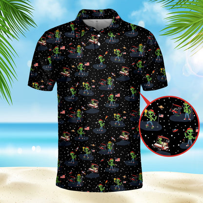 Detailed front angle of the black alien polo shirt