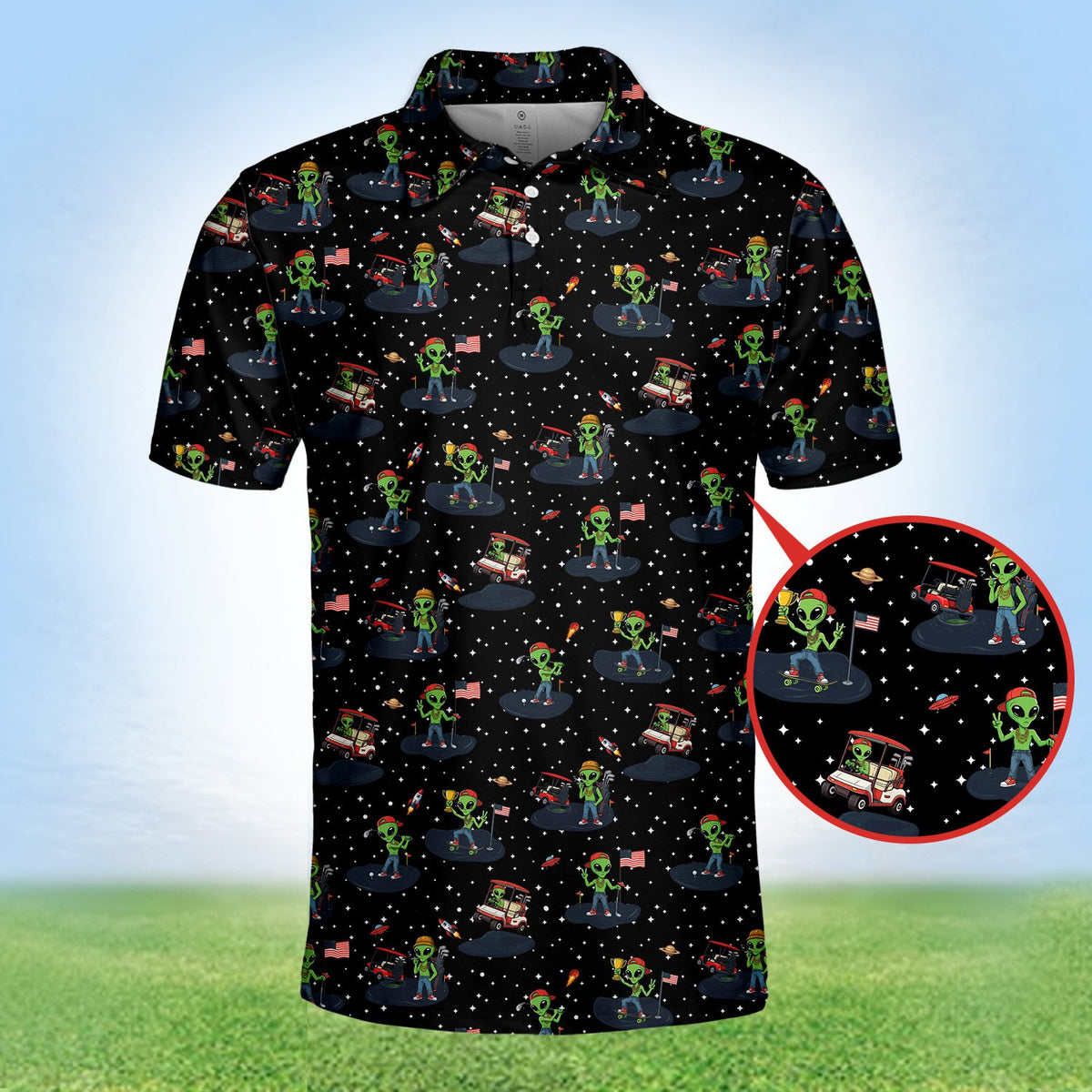 Close-up of the green aliens and UFOs on the golf polo shirt