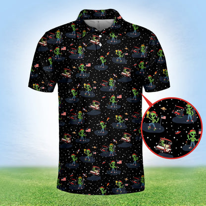 Close-up of the green aliens and UFOs on the golf polo shirt