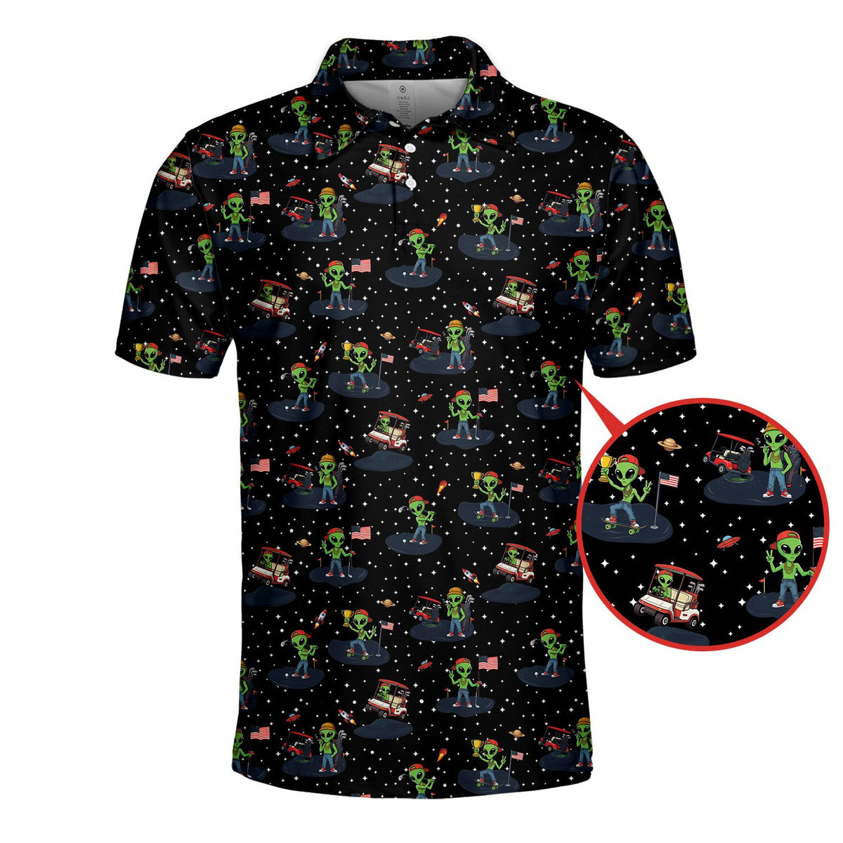 Another front view of the alien golf polo shirt