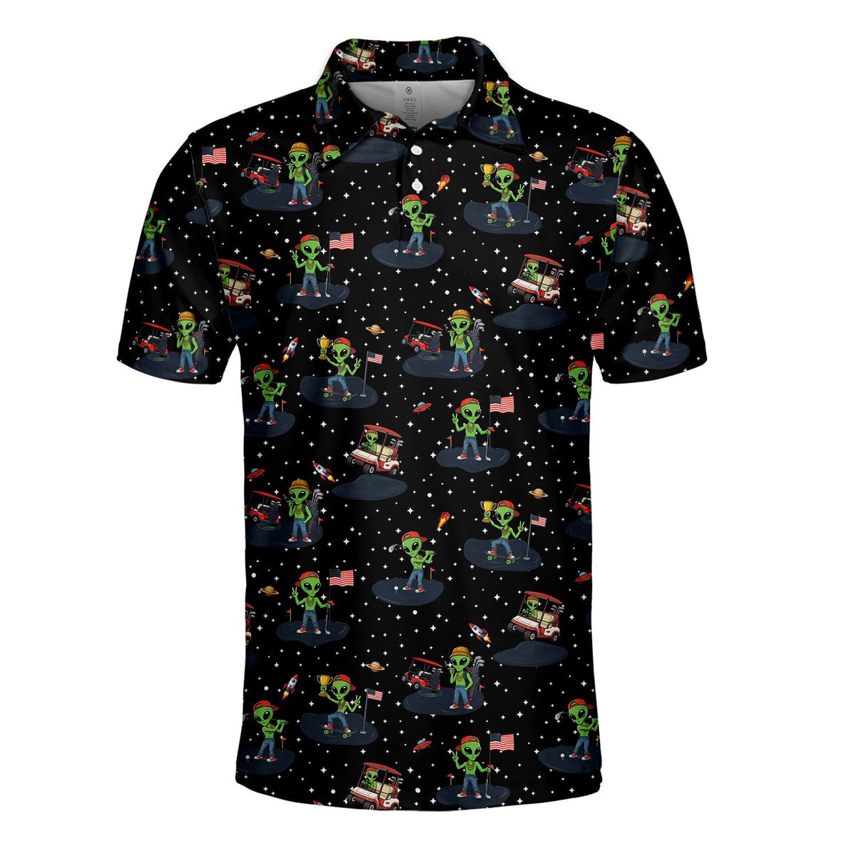 Front right angle of the alien golf polo shirt