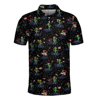Front right angle of the alien golf polo shirt