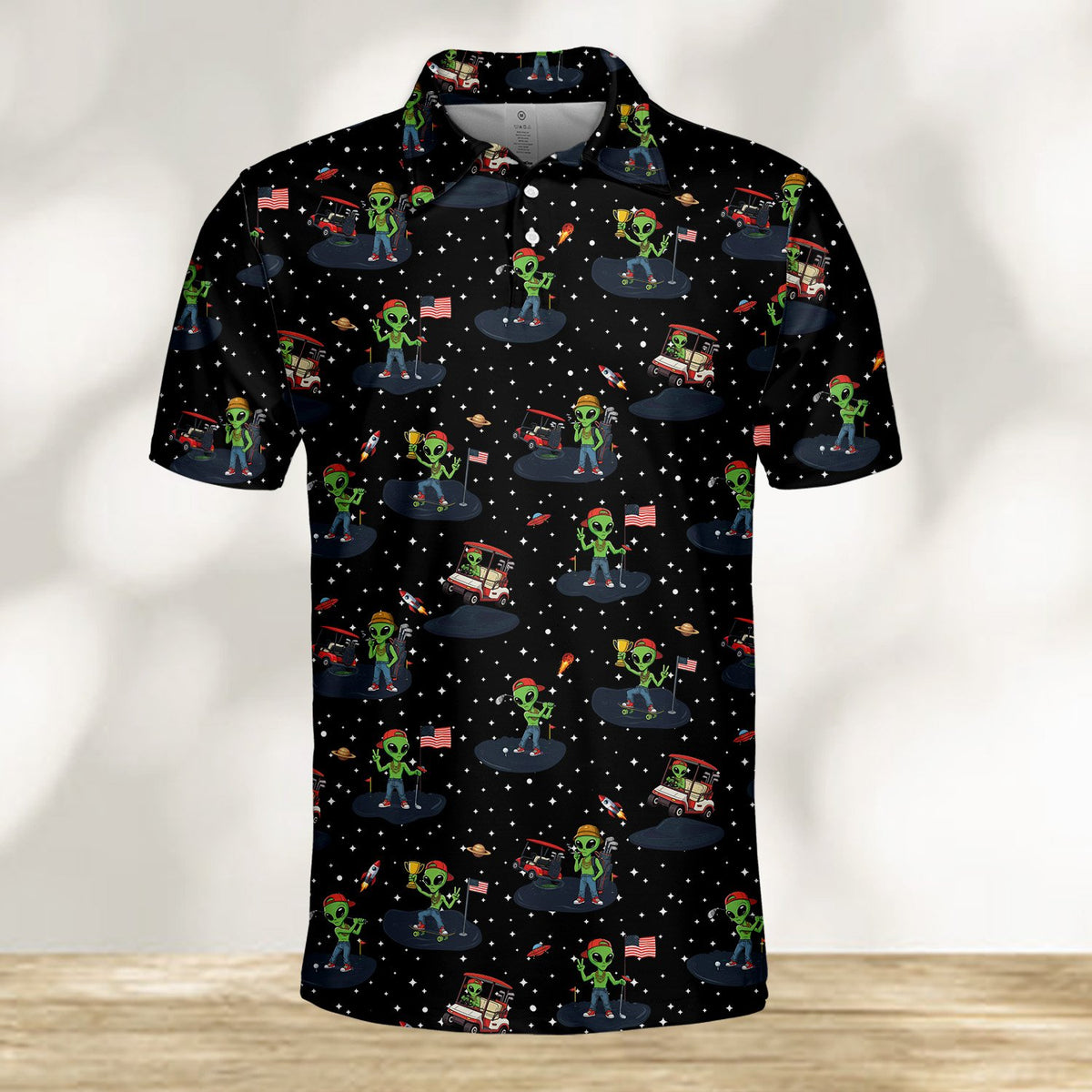 Front left angle of the black alien polo shirt