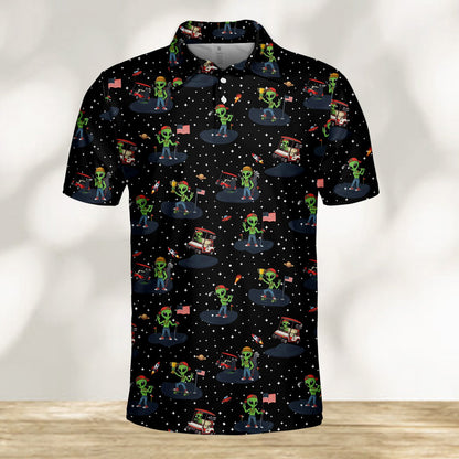 Front left angle of the black alien polo shirt