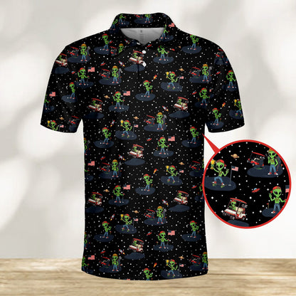 Alien golf polo shirt featuring green extraterrestrials on a starry black background, front view