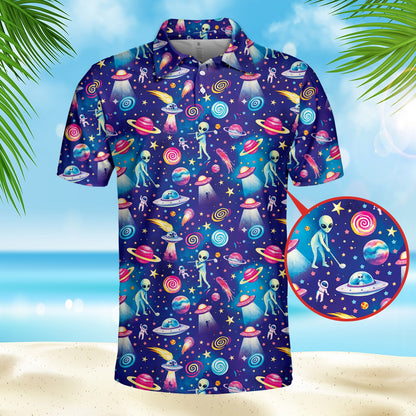 Close-up front view of alien polo shirt design