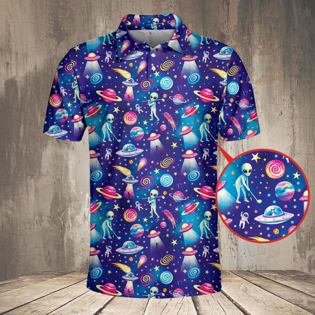 Astronaut and galaxy pattern on front of polo shirt