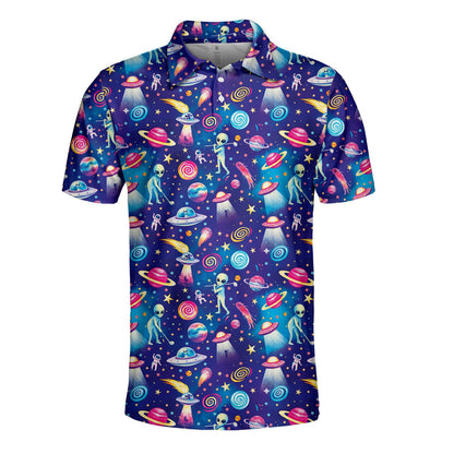 Pink and yellow galaxy swirls on navy polo shirt