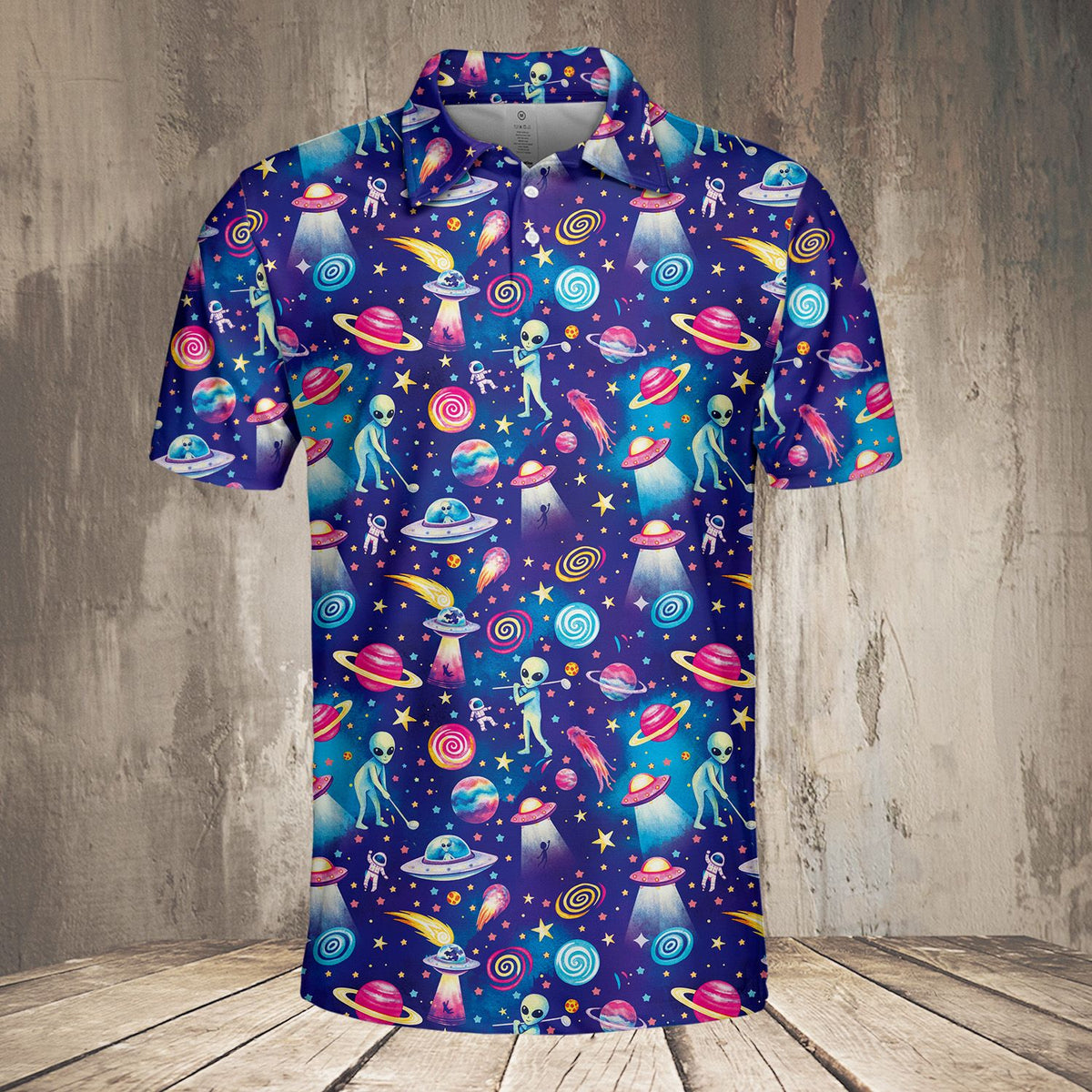 Another front angle of the alien pattern polo shirt