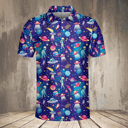 Another front angle of the alien pattern polo shirt