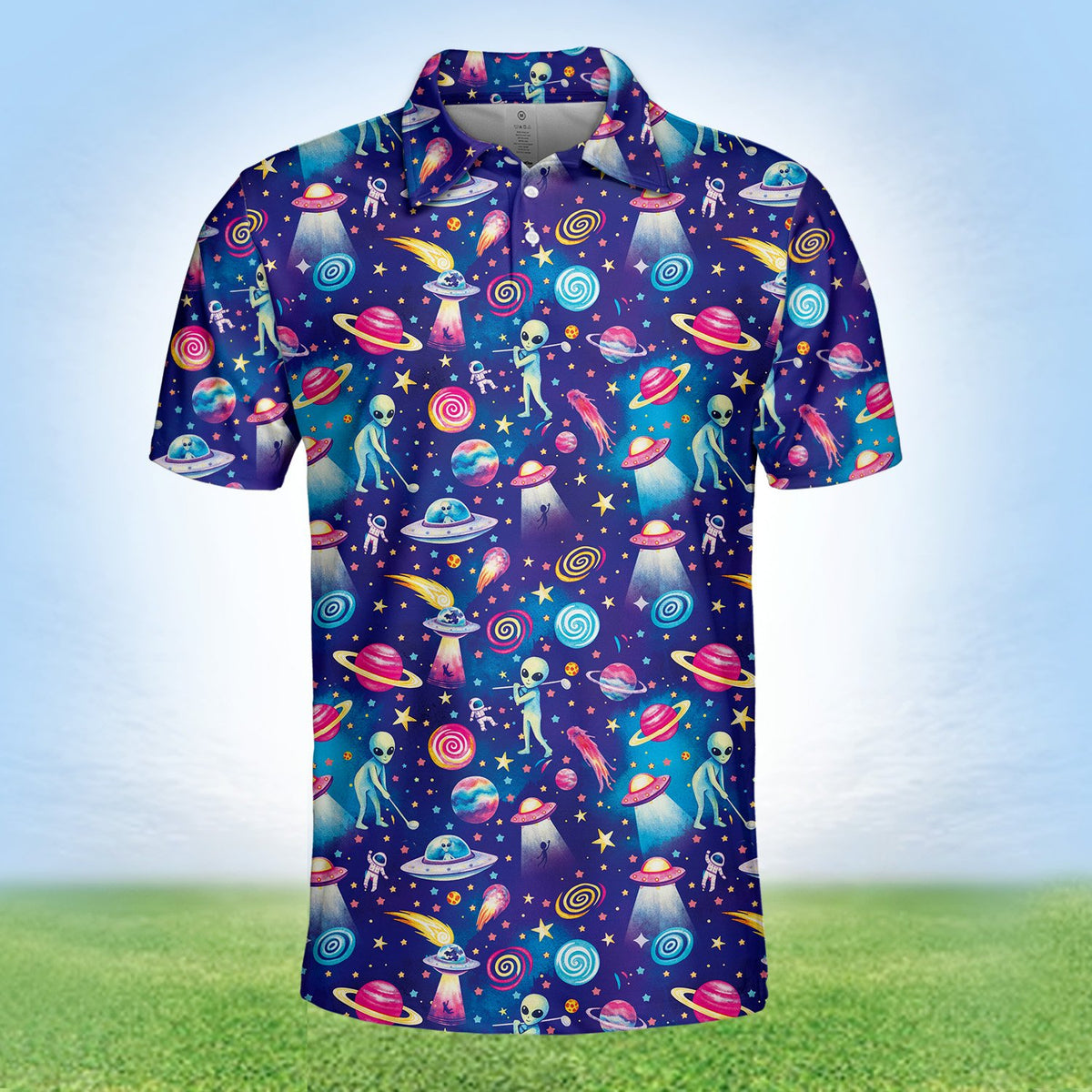 Whimsical alien design on dark blue polo shirt