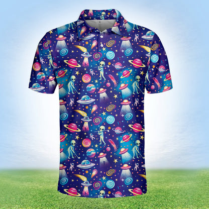 Whimsical alien design on dark blue polo shirt