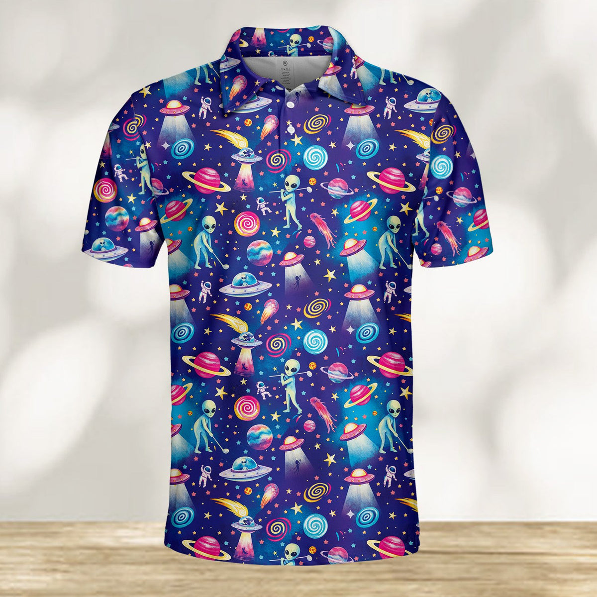 Dark blue alien polo shirt overall front view