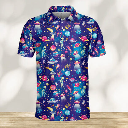 Dark blue alien polo shirt overall front view
