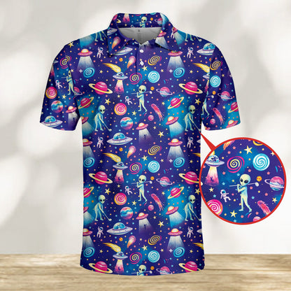 Navy alien polo shirt featuring whimsical outer space pattern, main view