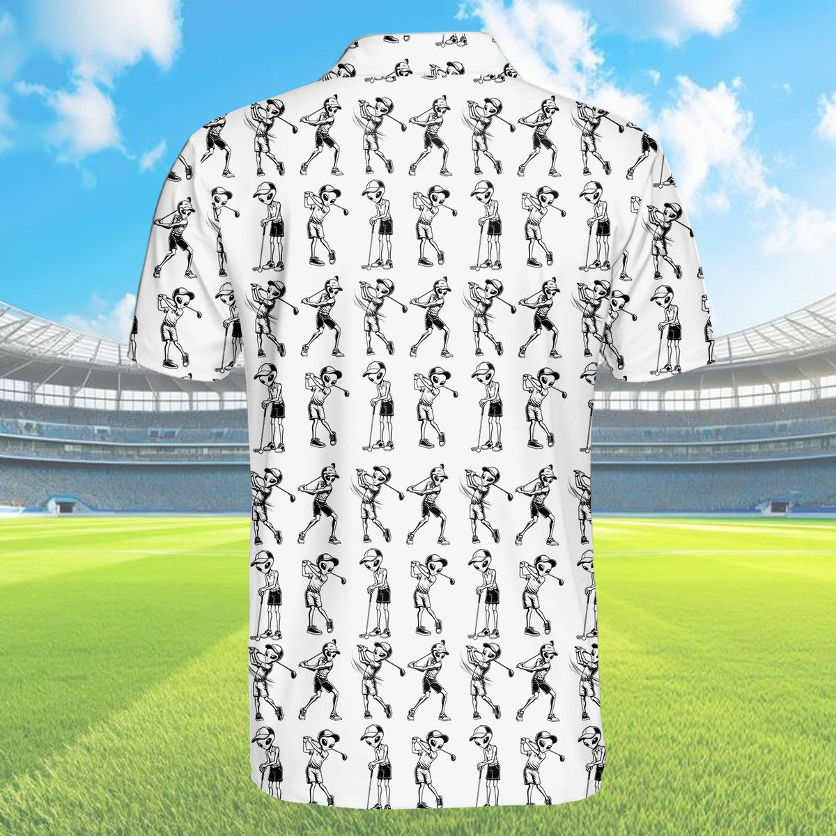 Aliens playing golf polo shirt, back view 2