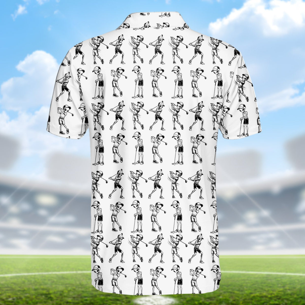 Aliens playing golf polo shirt, back view 3