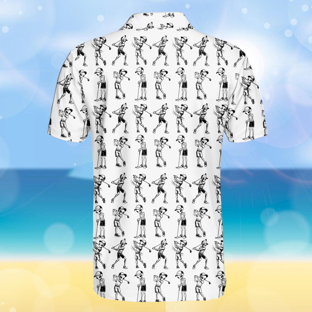 Aliens playing golf polo shirt, back view 1