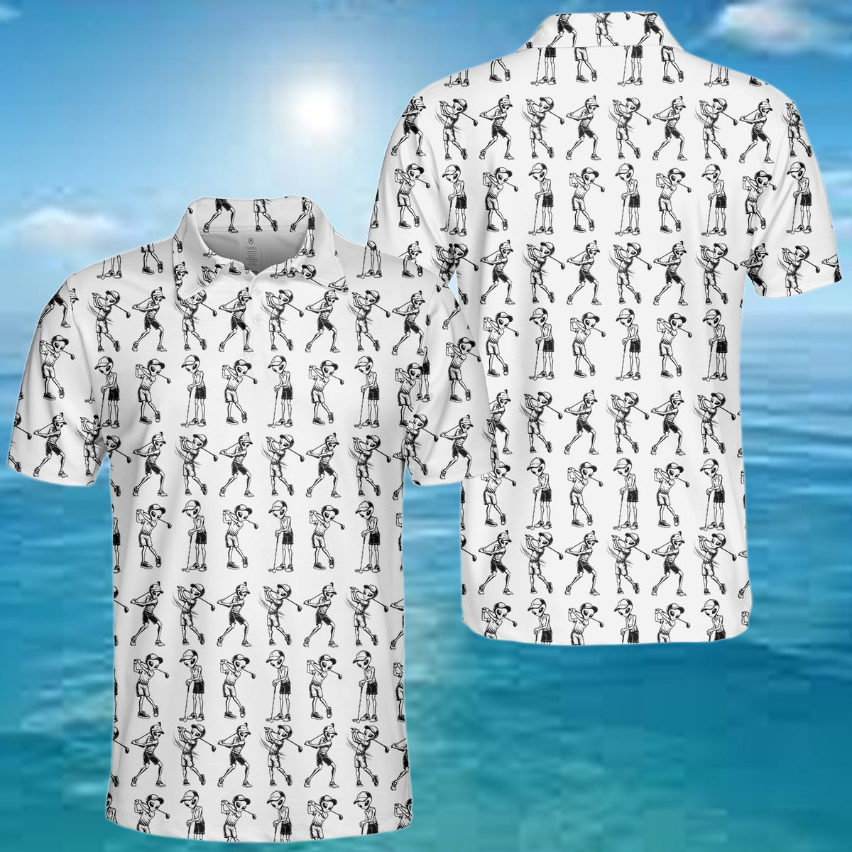 Aliens playing golf polo shirt, white and black pattern front view 2