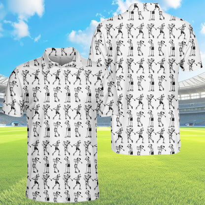 Aliens playing golf polo shirt, white and black pattern front view 3