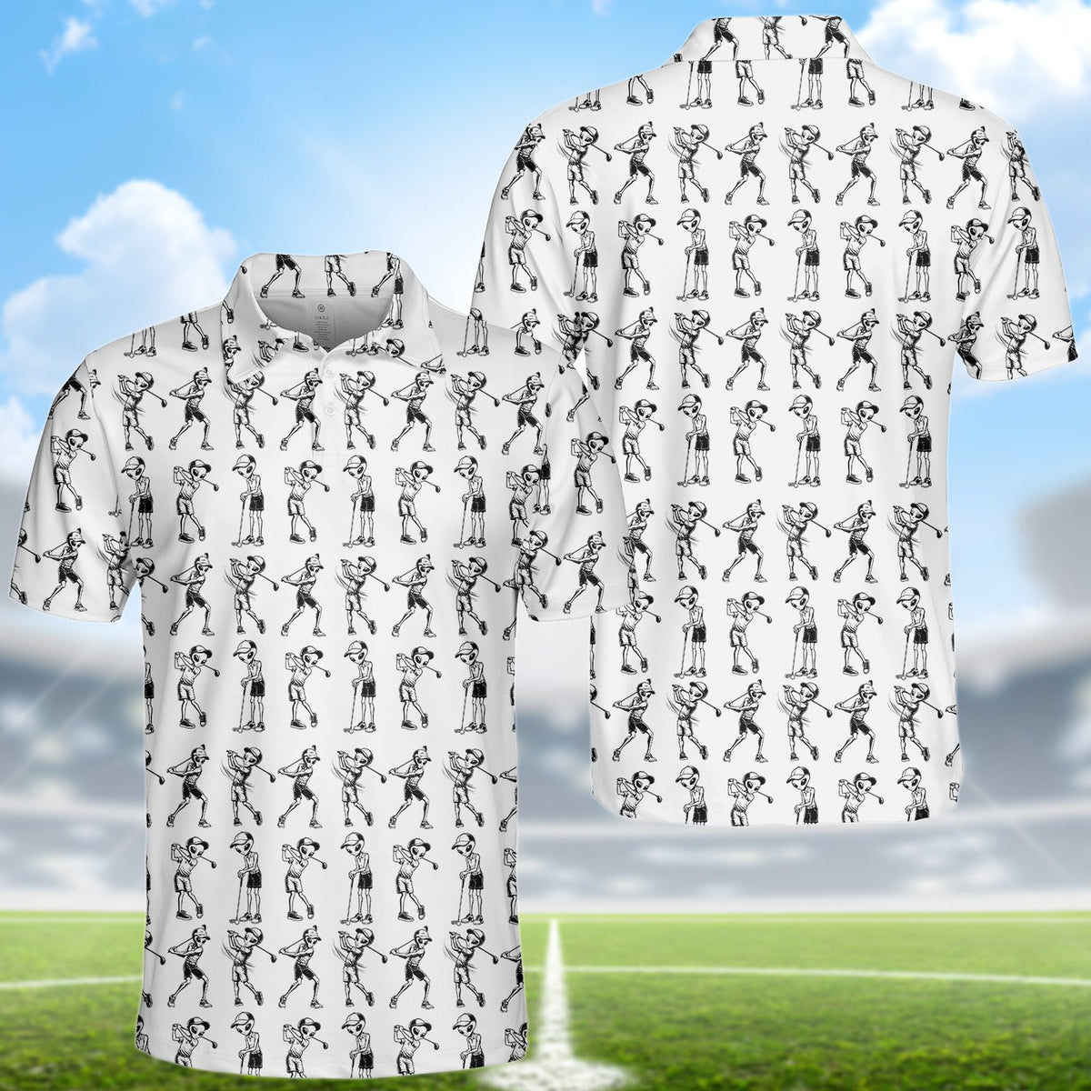 Aliens playing golf polo shirt, white and black pattern front view 4