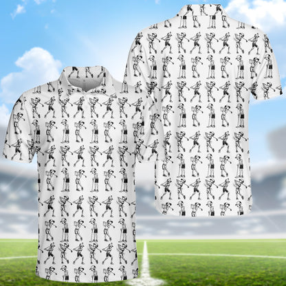 Aliens playing golf polo shirt, white and black pattern front view 4