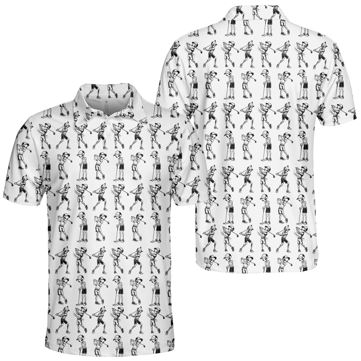 Aliens playing golf polo shirt, front view