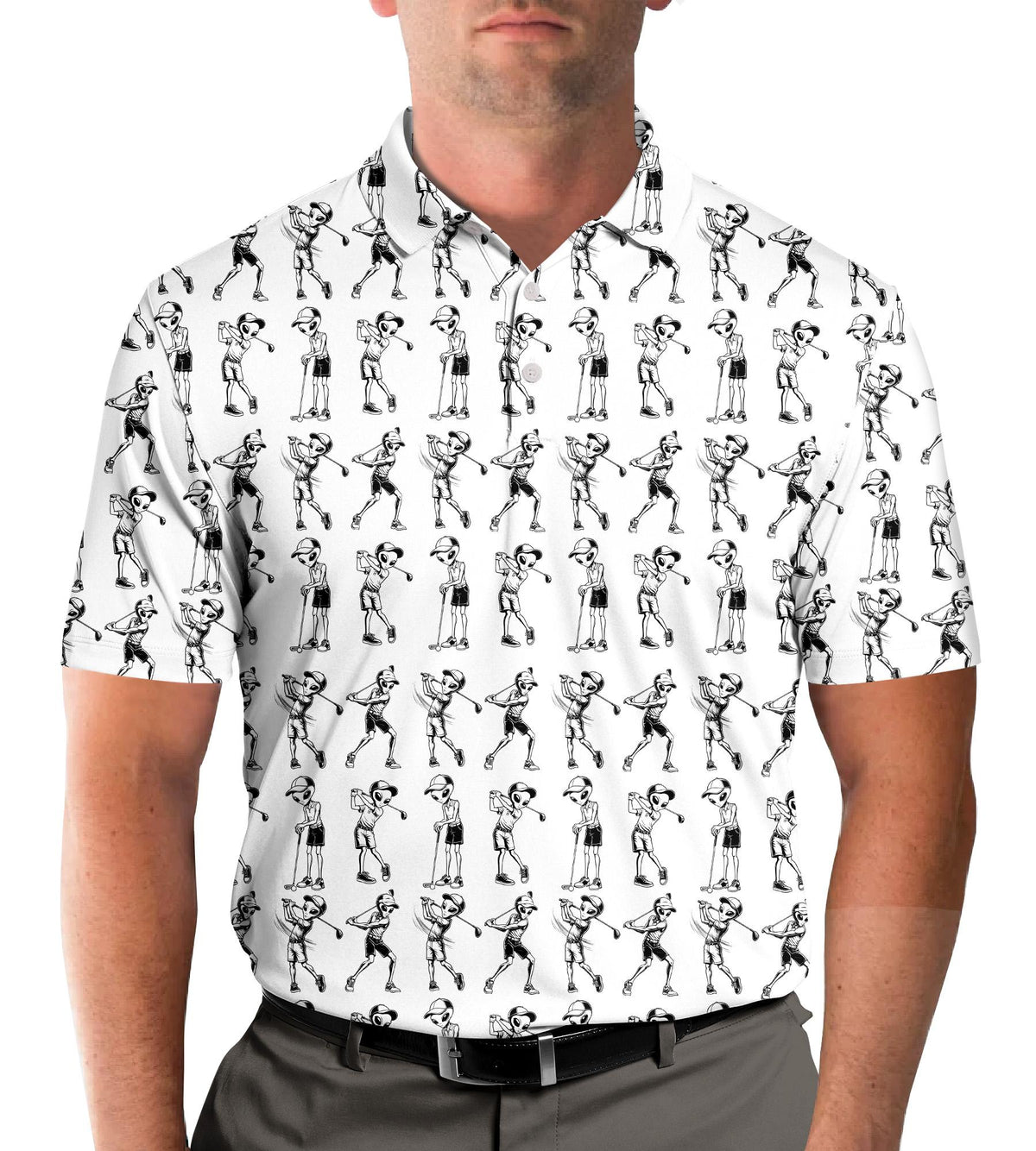 Lifestyle view of the aliens playing golf polo shirt being worn