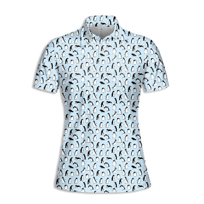Light blue animal print polo shirt with all-over penguin pattern, main view