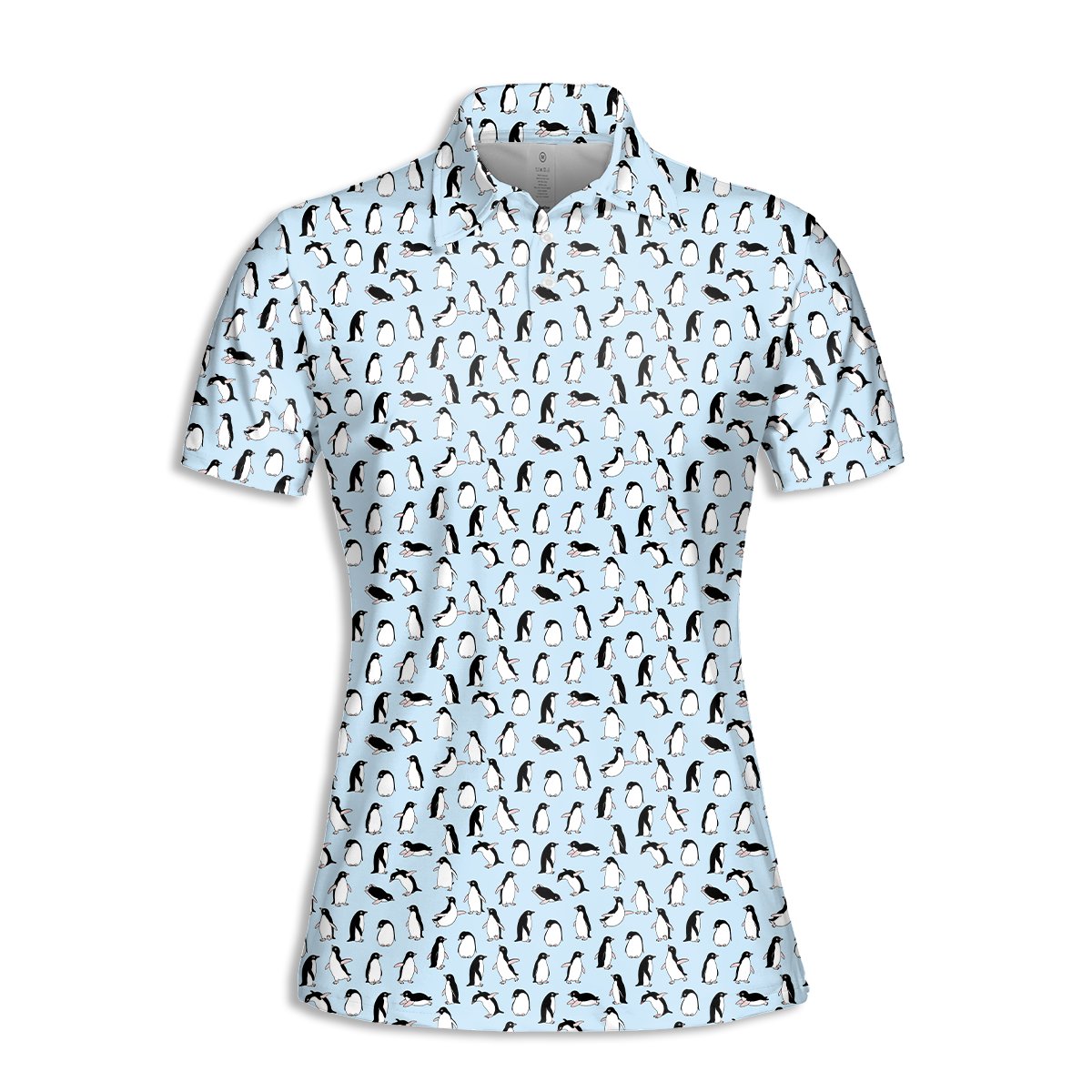 Front view of the light blue polo shirt with illustrated penguins