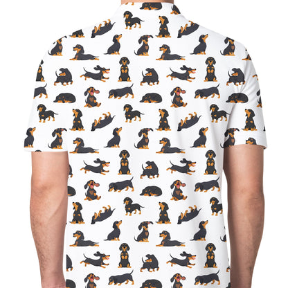 Another back view of the cartoon dachshund pattern polo shirt
