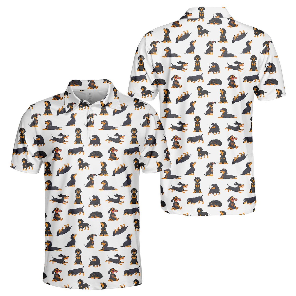 Back view of the white animals polo shirt with dachshund print