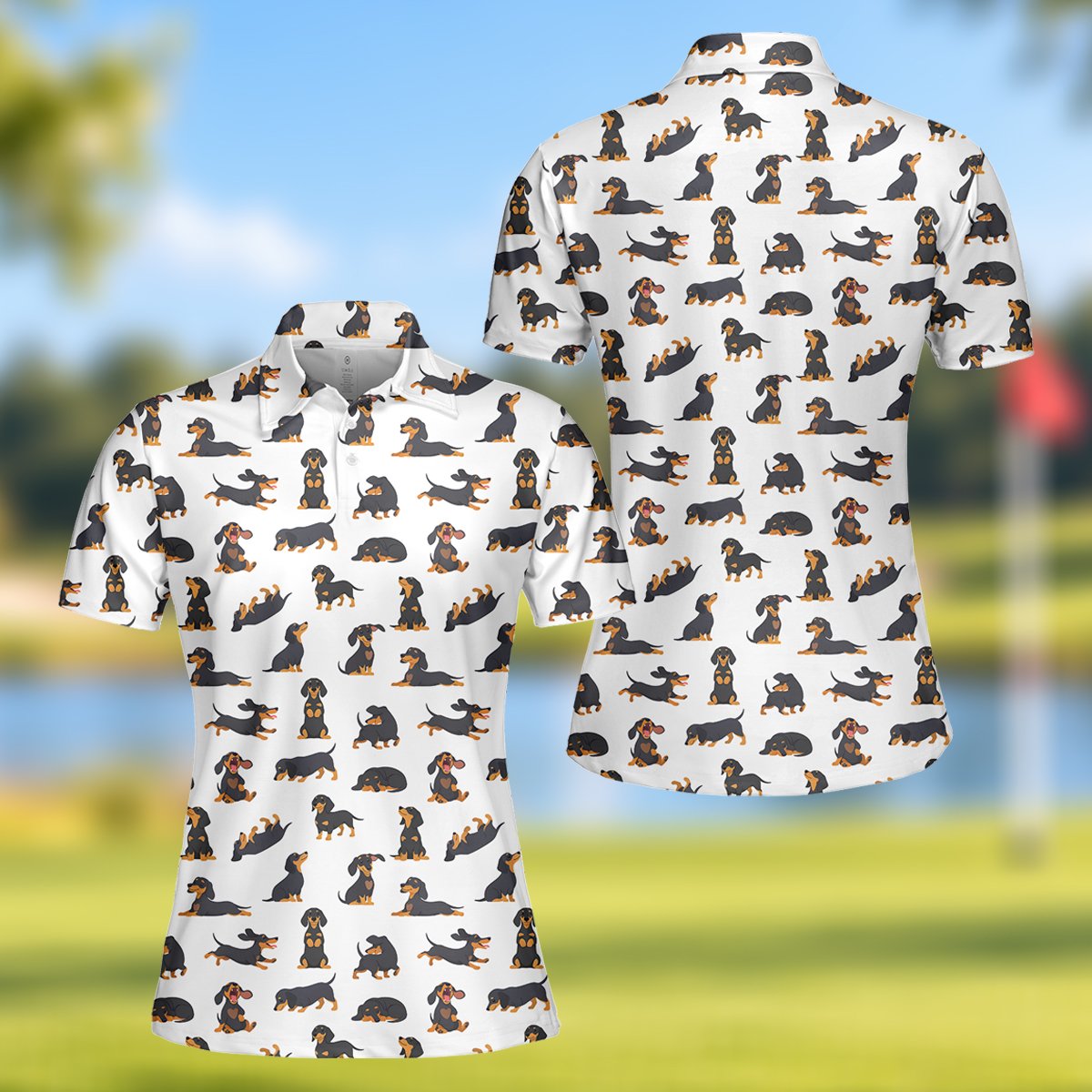 Another front view of the dachshund pattern polo shirt