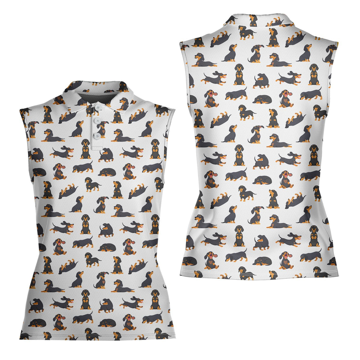 Close-up front view of the cartoon dachshund pattern on a polo shirt