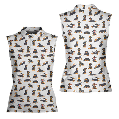Close-up front view of the cartoon dachshund pattern on a polo shirt