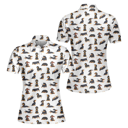Front view of the white animals polo shirt featuring cartoon dachshunds