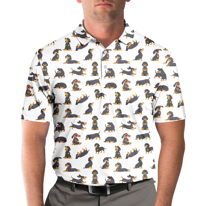 Alternative lifestyle view showing the dachshund pattern polo shirt in use