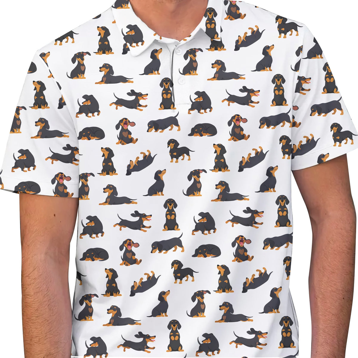Lifestyle view of someone wearing the white animals polo shirt