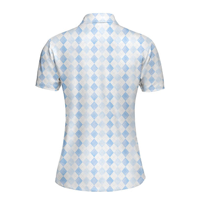Light blue and white argyle polo shirt with geometric diamond pattern, back view 2