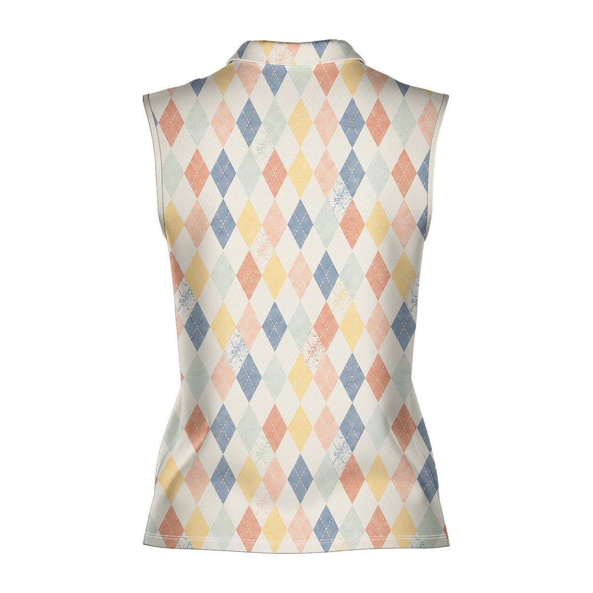 Geometric print polo shirt featuring a multicolor argyle pattern, back view
