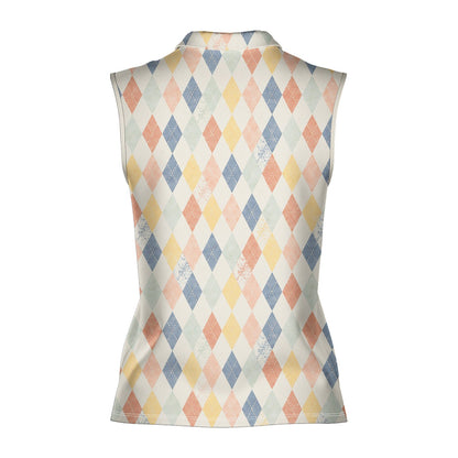 Geometric print polo shirt featuring a multicolor argyle pattern, back view