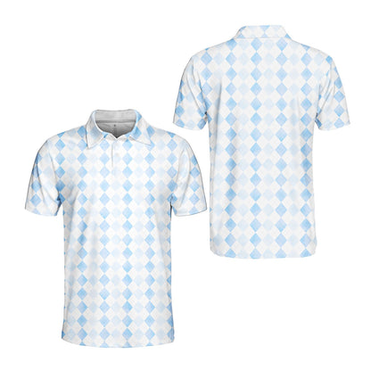Light blue and white argyle polo shirt with geometric diamond pattern, back view