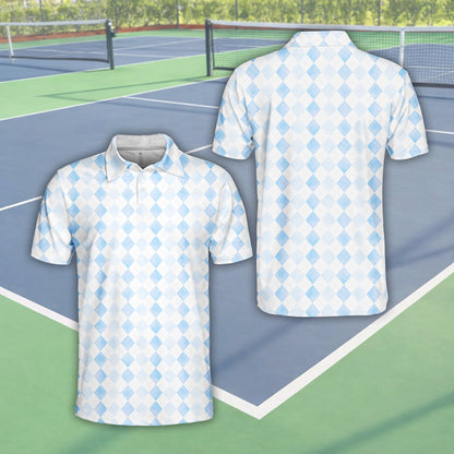 Light blue and white argyle polo shirt with geometric diamond pattern, front view 2