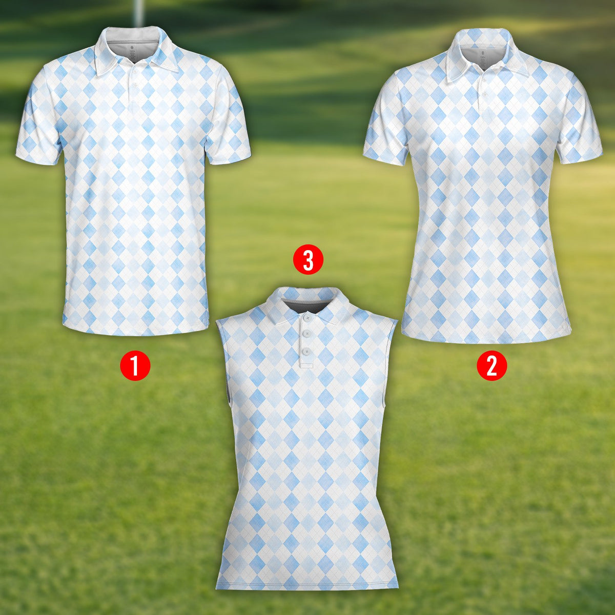 Light blue and white argyle polo shirt with geometric diamond pattern, front view 3