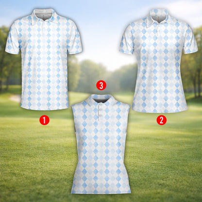 Light blue and white argyle polo shirt with geometric diamond pattern, front view 4