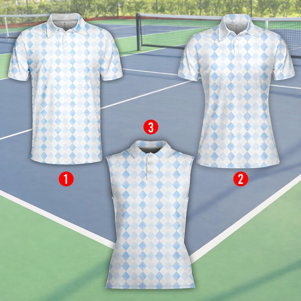 Light blue and white argyle polo shirt with geometric diamond pattern, front view 5