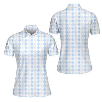 Light blue and white argyle polo shirt with geometric diamond pattern, front view 6